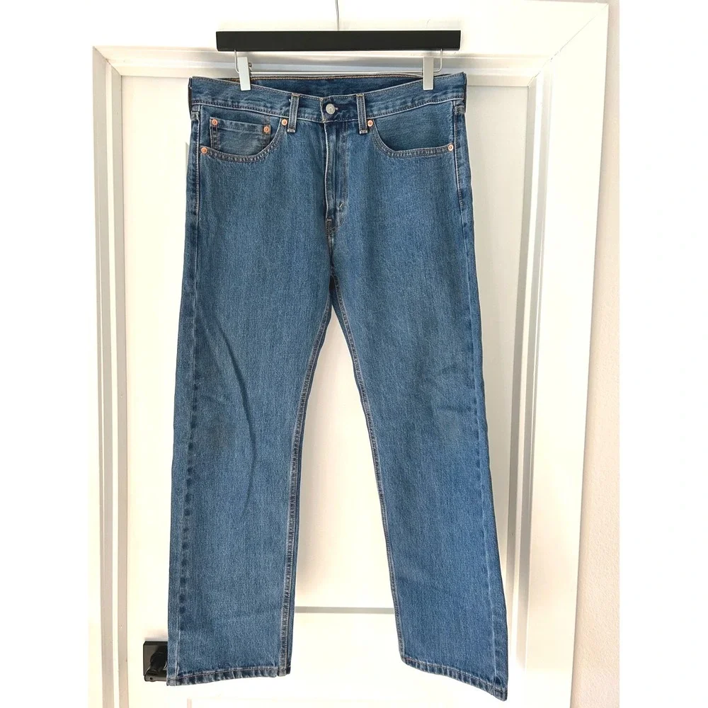 Levis 505 Regular Fit Straight Leg Jeans Medium Wash Blue Men 34x30 Rugged Denim
